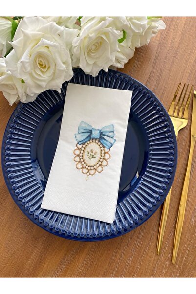 busrasdesign مناديل تقديم مطبوعة بفيونكة زرقاء 16 قطعة