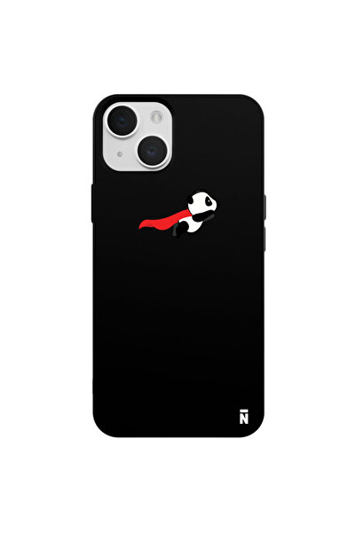 Casen iPhone 15 Uçan Panda Tasarımlı Siyah Renkli Silikon Telefon Kılıfı
