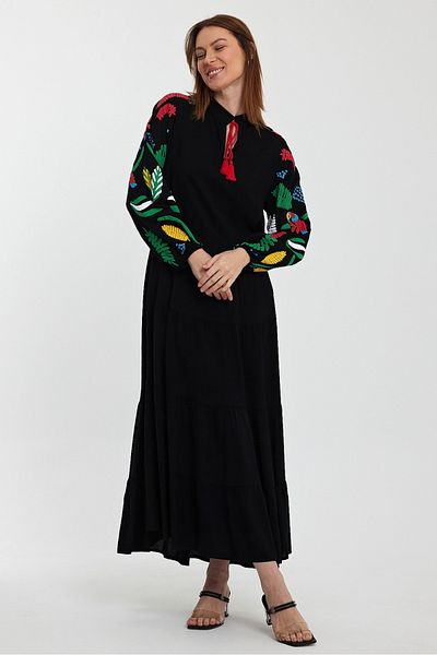 AYASOFYA OTANTIK Rochie lungă cu mânecă lungă imprimată cu mâneci negre pentru femei