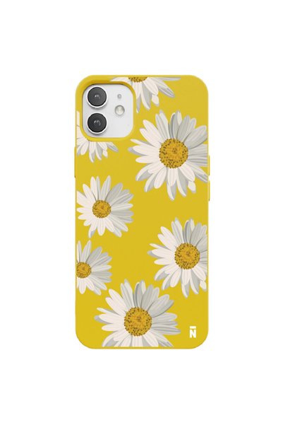 Casen غلاف هاتف من السيليكون باللون الأصفر لهاتف iPhone 12 بتصميم زهرة الأقحوان