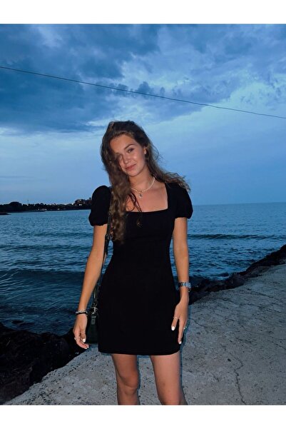 FMN Collection kadın sırt ip bağlama kare yaka balon kol dekolteli mini pinterest muadil elbise