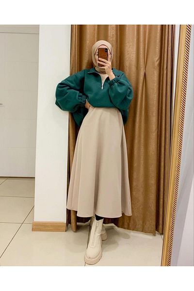 CNG MODA Hijab Puff Scuba Flared Skirt Large: Size