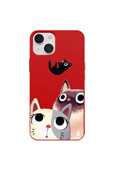 Casen iPhone 13 Kedicikler Tasarımlı Kırmızı Renkli Silikon Telefon Kılıfı