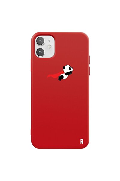 Casen iPhone 11 Uçan Panda Tasarımlı Kırmızı Renkli Silikon Telefon Kılıfı