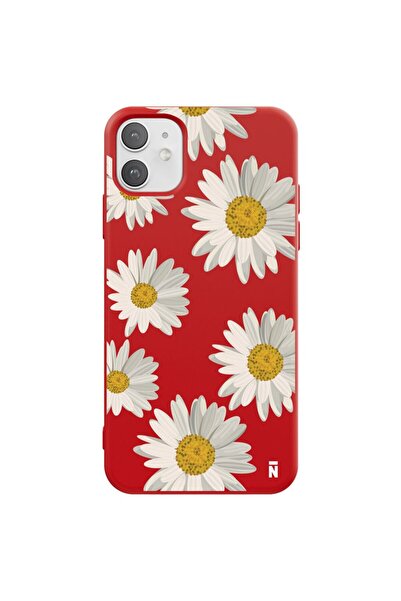 Casen iPhone 11 Papatyalar Tasarımlı Kırmızı Renkli Silikon Telefon Kılıfı