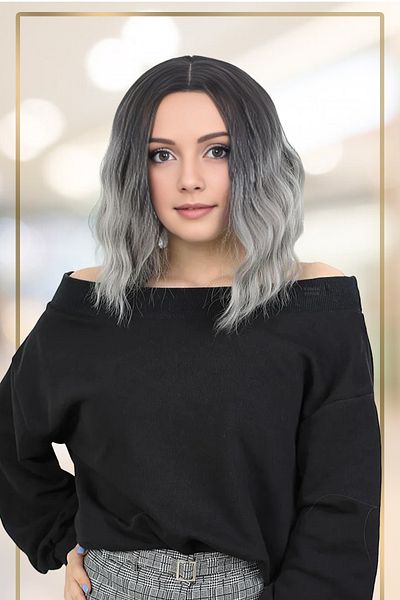 KONAK PERUK Black/Grey Ombreli Fiber Synthetic Short Wavy Rivetless Wig