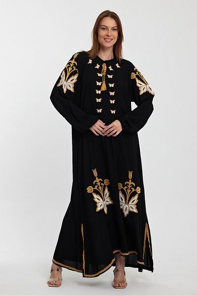 AYASOFYA OTANTIK Women's Black Placket Collar Butterfly Embroidery Detailed Long Sleeve Long Dress