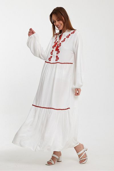 AYASOFYA OTANTIK Rochie lungă cu mânecă lungă, cu guler alb, cu broderie etnică