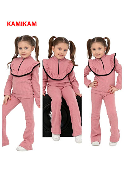 KAMİKAM Girl's Half-Zipper Ruffle Suit with Ruched Details (Narrow Fit, We Re...