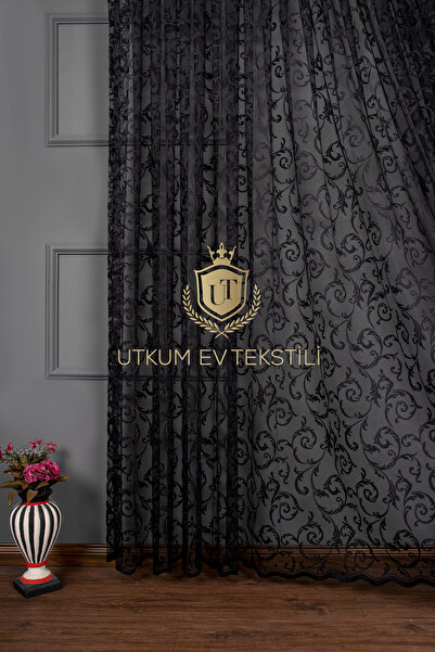 UTKUM EV TEKSTİL ÜRÜNLERİ Siyah Örme Tül Perde Şal Desen 1155 1/2,50 Normal Pile