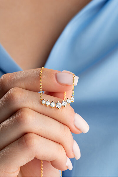 Nereze 925 Ayar Gümüş Gold Kaplama Sıralı 7 Zirkon Taşlı Tasarım Kolye