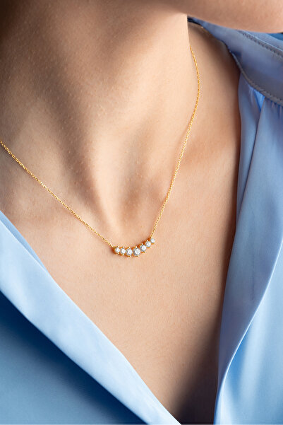 Nereze 925 Ayar Gümüş Gold Kaplama Sıralı 7 Zirkon Taşlı Tasarım Kolye