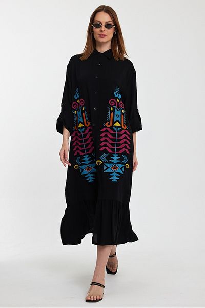 AYASOFYA OTANTIK Rochie cămașă pliabilă cu mânecă lungă, cu broderie etnică neagră, pentru femei