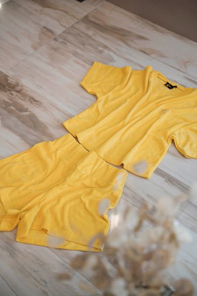 MY STAR HOME Yellow Cotton 2-Piece Embroidered Towel Shorts & T-shirt Set