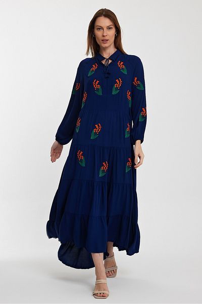 AYASOFYA OTANTIK Rochie etnică autentică, cu mânecă lungă, cu broderie florală, albastru bleumarin