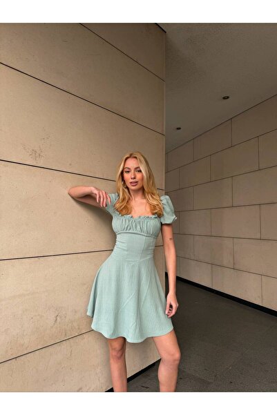 MY DEPO Kadın Sırt Bağcıklı Göğüs Drapeli Korse Detaylı Astarlı Mini Elbise