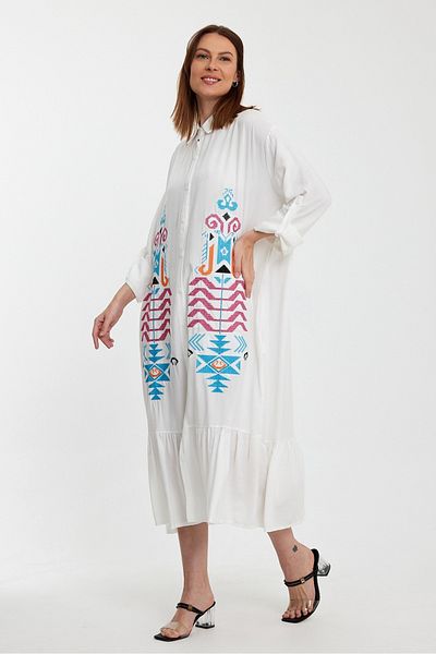 AYASOFYA OTANTIK Rochie cămașă pliabilă cu mânecă lungă, cu broderie etnică neagră, pentru femei