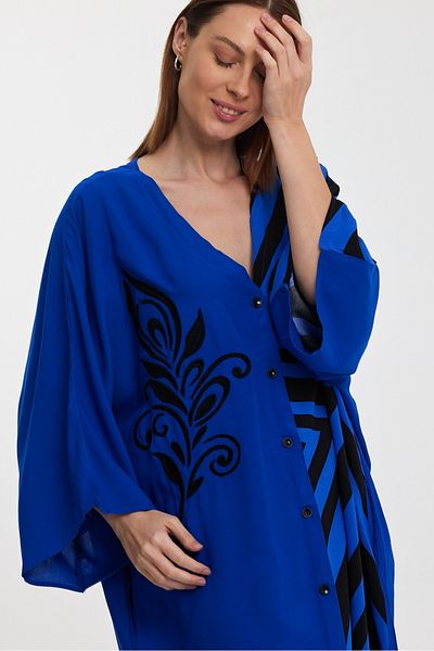 AYASOFYA OTANTIK Rochie de damă, albastră, cu garnitură digitală, cu broderie etnică, detaliată, supradimensionată, cămașă