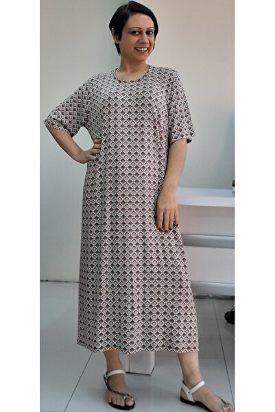 Mertcan Butik Φόρεμα με κοντομάνικο χτενισμένο βισκόζη με στάμπα καφέ βιζόν