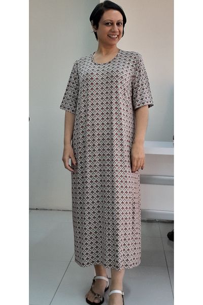 Mertcan Butik Φόρεμα με κοντομάνικο χτενισμένο βισκόζη με στάμπα καφέ βιζόν