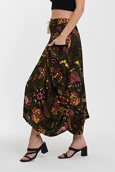 AYASOFYA OTANTIK Women's Khaki Patterned Skirt with Pocket Detail and Elastic Waist