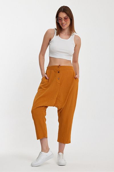 AYASOFYA OTANTIK Mustard Linen Shalwar - Women's, Elastic Waist and Buttoned Trousers