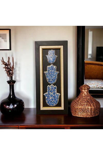AYGEN Seramik Çini Fatma'nın Eli Kabartma Rölyef Nazar Tasarımlı Mavi Çerçeveli Özel Tasarım Tablo