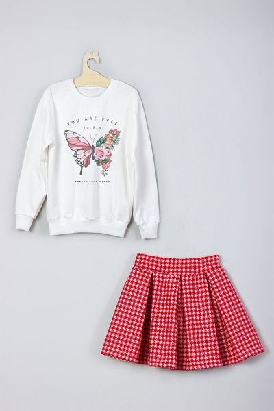 ADA BEBEK ÇOCUK New Season Butterfly Patterned Sweatshirt and Skirt Set