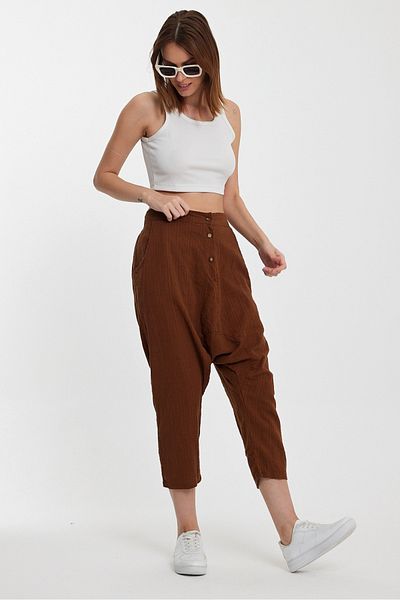 AYASOFYA OTANTIK Women's Brown Elastic Waist Buttoned Linen Baggy Trousers
