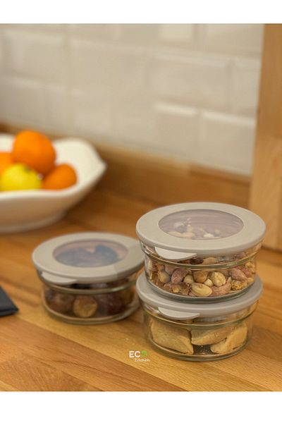 ECO KİTCHEN 3-Piece Glass Storage Container, Vacuumed Lid, Breakfast, Dispenser Storage, Organizer 415 cc