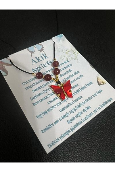 Doğal Taş Dünyası Natural Stone Necklace - Agate and Mother of Pearl, Butterfly Detail, Elevator Lock System