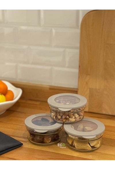 ECO KİTCHEN 3-Piece Glass Storage Container, Vacuumed Lid, Breakfast, Dispenser Storage, Organizer 415 cc
