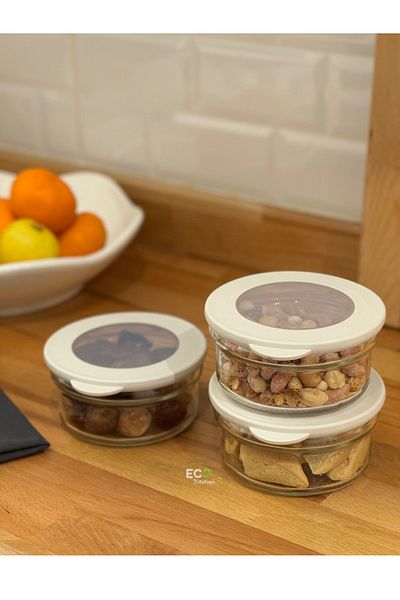 ECO KİTCHEN 3-Piece Glass Storage Container, Vacuumed Lid, Breakfast, Dispenser Storage, Organizer 415 cc