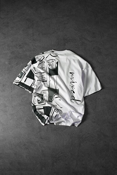 Slatra Men's White Mixed Side Print Oversize T-shirt