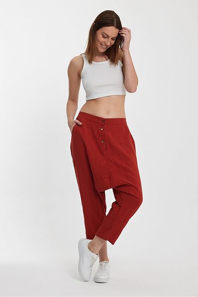 AYASOFYA OTANTIK Women's Brick Colored Elastic Waist Buttoned Linen Shalwar Trousers