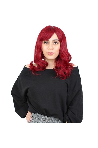 KONAK PERUK Medium Size Red Fiber Synthetic Wig - Wavy and Riveted