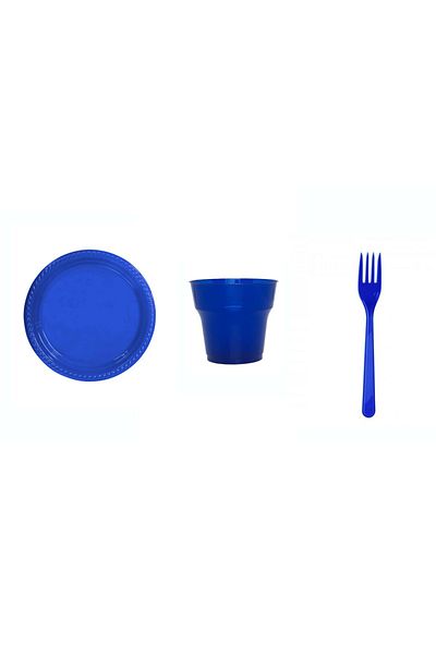 Ambalaj Evi Plate Set Plastic Party Plate Set Navy Blue 75 Pieces