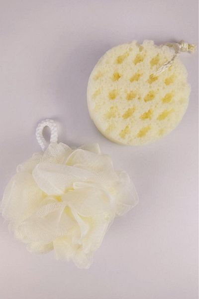 Digithome 2-Piece Bath Body Shower Loofah and Sponge Set Cream - Thn73919 C1-1-18