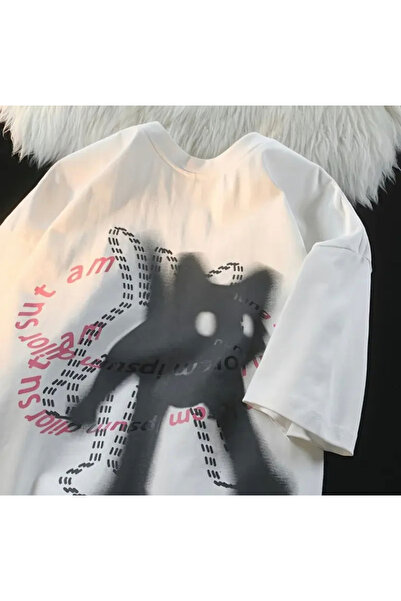 DEEFWEAR Beyaz Unisex Scared Cat Y2K T-Shirt