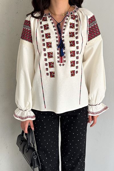 FEMELLE Women's Tasseled Cross Stitch Embroidered Cotton Blouse