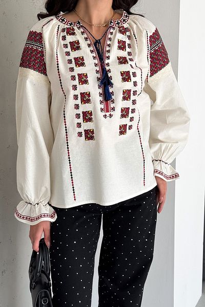 FEMELLE Women's Tasseled Cross Stitch Embroidered Cotton Blouse