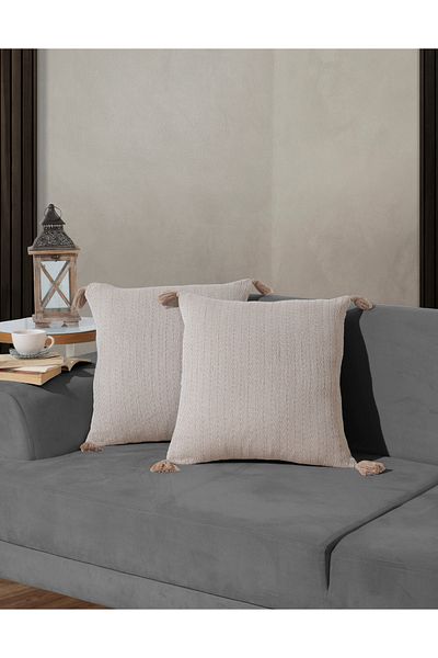 Lux Touch Κάλυμμα μαξιλαριού με φούντα Vera Beige με φερμουάρ - 45 x 45 cm Ριχτάρι μαξιλαριού 2 τεμαχίων Pompom
