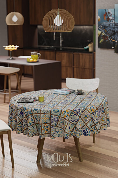 Moud's مفرش طاولة دائري من قماش الجلد المدبوغ بنمط مربع عرقي من رمضان