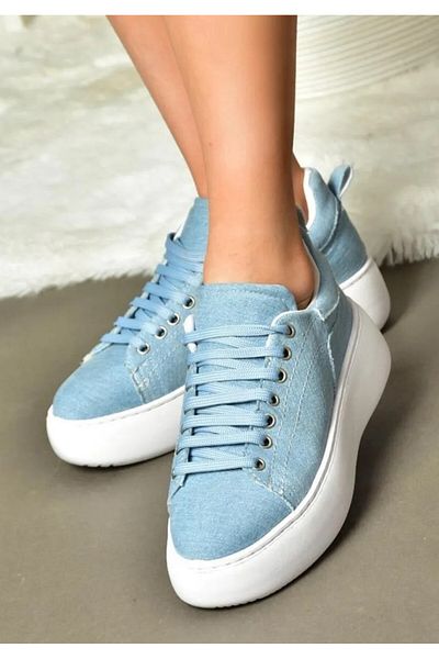 Pine Cone Navy Blue Denim Fabric Women's Sneakers