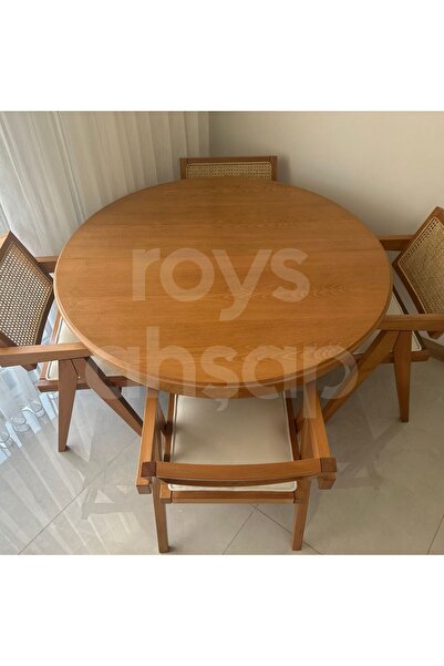 ROYS AHŞAP Roys Ahşap 100 Cm Koyu Naturel Yuvarlak İlaveli Baba Ayak Yemek Ma...