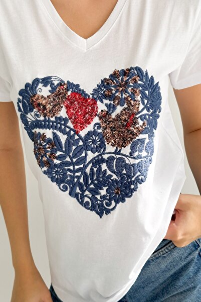 Chiccy Λευκό μπλουζάκι με κοντό μανίκι με παγιέτα πλεκτό με κανονική εφαρμογή