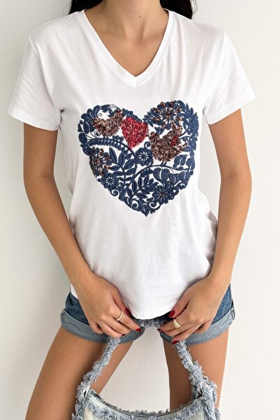 Chiccy Λευκό μπλουζάκι με κοντό μανίκι με παγιέτα πλεκτό με κανονική εφαρμογή