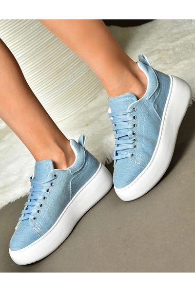 Pine Cone Navy Blue Denim Fabric Women's Sneakers