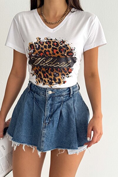 Chiccy Λευκό μπλουζάκι με κοντό μανίκι με παγιέτα πλεκτό με κανονική εφαρμογή