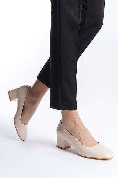 eformoda by emre yılmaz Pantofi de damă din piele lăcuită nudă, eleganti, confortabili, clasici, cu toc gros de 5 cm, DRK022
